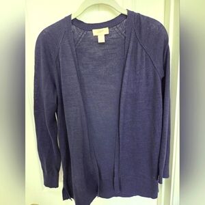 Loft XS Petite Open Front Long Sleeve Cardigan, Navy Cotton